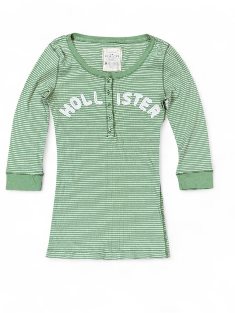 Vintage Y2K Hollister Green Striped 3/4 Sleeve Henley Button Top Women’s Size M
